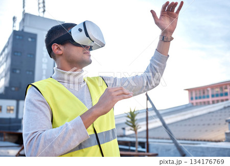 Man, architect and VR in the city for construction, simulation or digital layout for project on site. Male contractor, engineer or builder in virtual reality or building for architecture plan or idea Man, architect and VR in the city for construction, simulation or digital layout for project on site. Male contractor, engineer or builder in virtual reality or building for architecture plan or idea 134176769