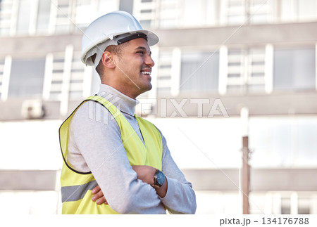 Construction worker, vision or arms crossed and a man architect standing on a building site with vision. Engineering, happy and smile with a male contractor working in the architecture industry 134176788