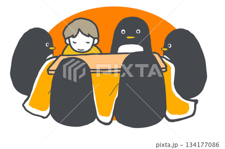 こたつであったまるペンギンたちのイラスト 134177086
