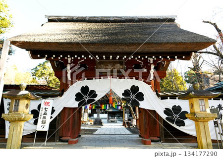 【調布市　湧水の多い国分寺崖線の崖面に抱かれるように立地「深大寺」山門】 134177290