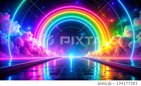 サイバー空間のネオン光沢のレインボー　ゲーミング背景素材 134177383