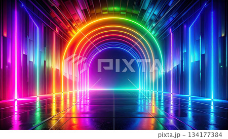 サイバー空間のネオン光沢のレインボー　ゲーミング背景素材 134177384
