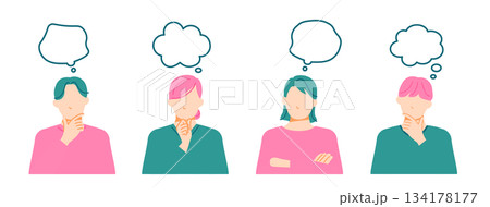 若い一般の男女が何かを考えているイラスト。吹き出し付き。フラットデザイン。 134178177