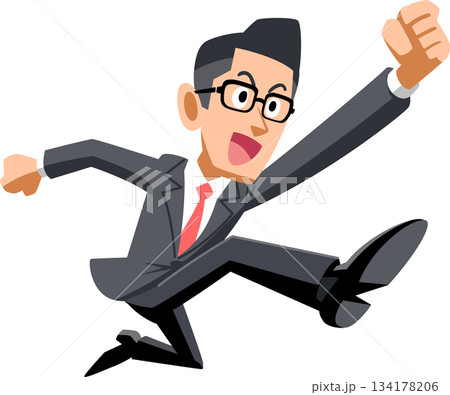 ジャンプするメガネをかけたスーツ姿の男性 134178206