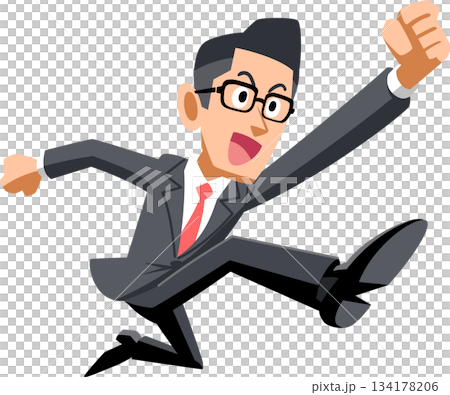 ジャンプするメガネをかけたスーツ姿の男性 134178206
