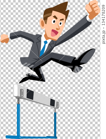 A man in a suit jumping over a hurdle A man in a suit jumping over a hurdle 134178209