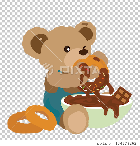 ドーナツにチョコレートをたっぷりつけて食べるクマのぬいぐるみのイラスト 134178262
