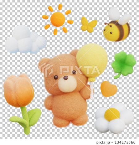 Cute Fluffy Bear with Balloon and Pastel Spring Elements Collection Cute Fluffy Bear with Balloon and Pastel Spring Elements Collection 134178566