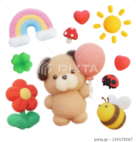 Cute Fluffy puppy with Balloon and Pastel Spring Elements Collection Cute Fluffy puppy with Balloon and Pastel Spring Elements Collection 134178567