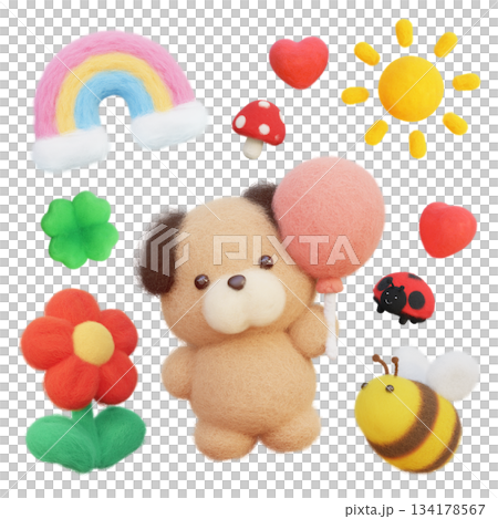 Cute Fluffy puppy with Balloon and Pastel Spring Elements Collection Cute Fluffy puppy with Balloon and Pastel Spring Elements Collection 134178567