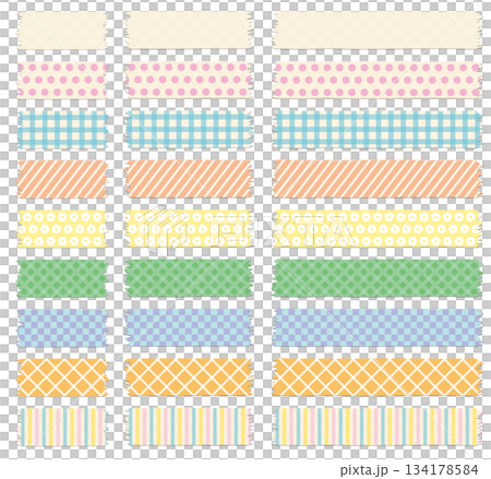 一組各種形狀的遮蔽膠帶和膠帶圖示的向量插圖 134178584