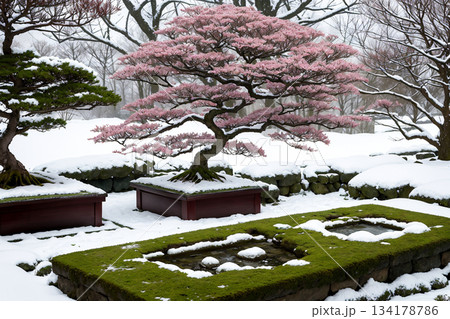 雪が積もる和風庭園と苔むした岩の静寂な風景 雪が積もる和風庭園と苔むした岩の静寂な風景 134178786