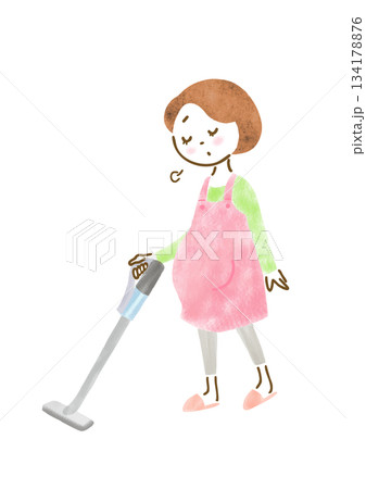 疲れた表情で掃除機をかけるエプロン姿の妊婦さんのイラスト 134178876