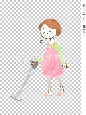疲れた表情で掃除機をかけるエプロン姿の妊婦さんのイラスト 134178876