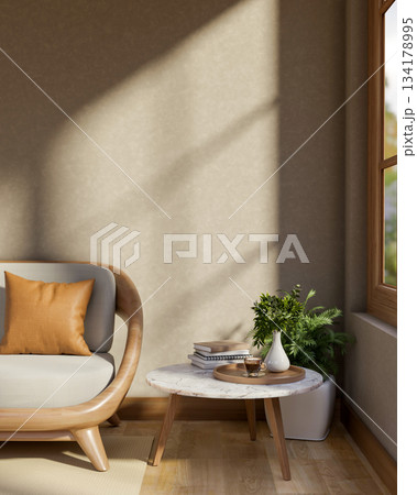 Coffee cup and white vase over wooden tray on marble table aside sofa and window with sunshine upon. Coffee cup and white vase over wooden tray on marble table aside sofa and window with sunshine upon. 134178995