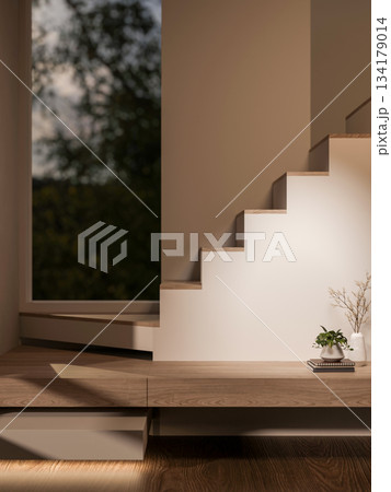 Potted plant over books and vase on wooden staircase with garden view window in a dim lit corridor. 134179014