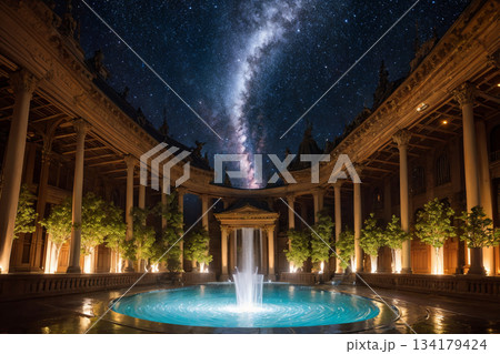 ガラスドームの中で輝く噴水と星空の幻想的シーン ガラスドームの中で輝く噴水と星空の幻想的シーン 134179424