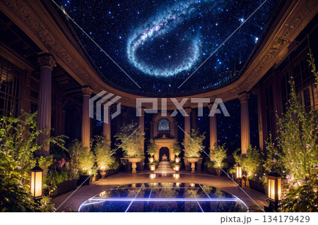 星空が映り込むガラス温室とブルーライトの噴水 星空が映り込むガラス温室とブルーライトの噴水 134179429