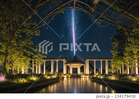 星空が広がるガラスドーム温室と幻想的な噴水の夜景 星空が広がるガラスドーム温室と幻想的な噴水の夜景 134179430
