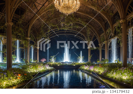 星降る夜のガラス温室と光の噴水が作る幻想世界 134179432