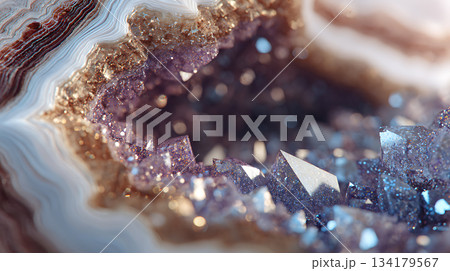 アメジストジオードのクローズアップ、キラキラした結晶と玉髄の層 134179567