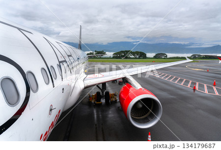 Armenia, Colombia - October 23, 2025: Close-up of an Avianca Airbus A320 parked on the tarmac at El Eden International Airport. The aircraft's engine and wing are visible against a cloudy sky 134179687