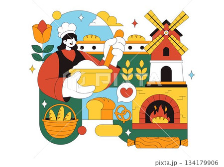 Bread Mill Vector Illustration Featuring Wheat Sacks, Assorted Breads, and a Windmill for Bakery Products in a Flat Style Cartoon Background Bread Mill Vector Illustration Featuring Wheat Sacks, Assorted Breads, and a Windmill for Bakery Products in a Flat Style Cartoon Background 134179906