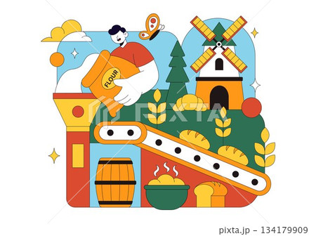 Bread Mill Vector Illustration Featuring Wheat Sacks, Assorted Breads, and a Windmill for Bakery Products in a Flat Style Cartoon Background Bread Mill Vector Illustration Featuring Wheat Sacks, Assorted Breads, and a Windmill for Bakery Products in a Flat Style Cartoon Background 134179909