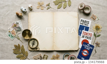 Notebook with Compass and Travel Card 134179988