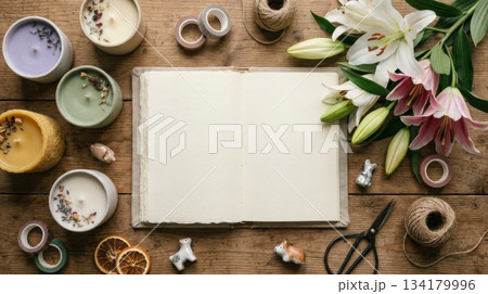 Notebook with Scented Candle and Lily Flowers Notebook with Scented Candle and Lily Flowers 134179996