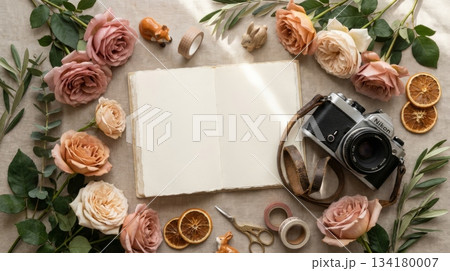 Notebook with Film Camera and Dried Rose 134180007