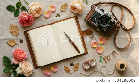 Notebook with Film Camera and Dried Rose Notebook with Film Camera and Dried Rose 134180008