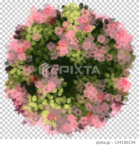 abstract, top down view of a dense, circular cluster of flowers and foliage. The dominant colors are various shades of vibrant pink and fresh lime green, creating a rich texture that suggests a natura 134180134