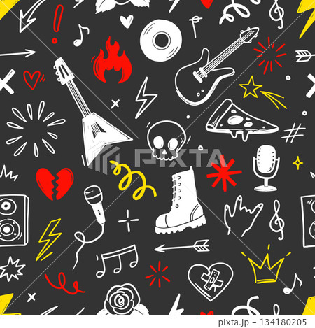 Rock music seamless pattern with guitar, skull,...のイラスト素材 [134180205 ...