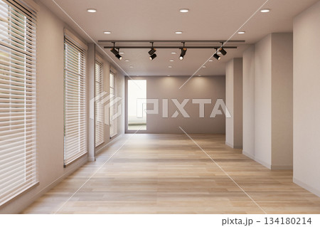 Empty modern room with blinds on glass windows and ceiling spotlight lamps over wooden parquet floor 134180214