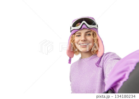 Joyful skier captures a fun moment on the slopes, isolated, PNG 134180234