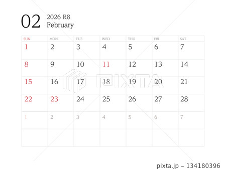 2026年2月カレンダー 罫線あり 2026年2月カレンダー 罫線あり 134180396