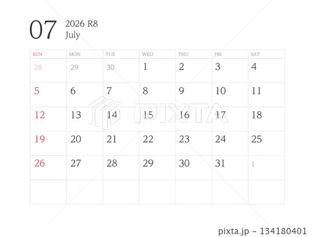 2026年7月カレンダー 罫線あり 134180401
