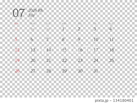 2026年7月カレンダー 罫線あり 134180401