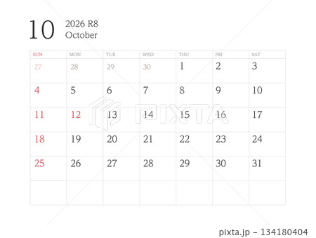 2026年10月カレンダー 罫線あり 134180404