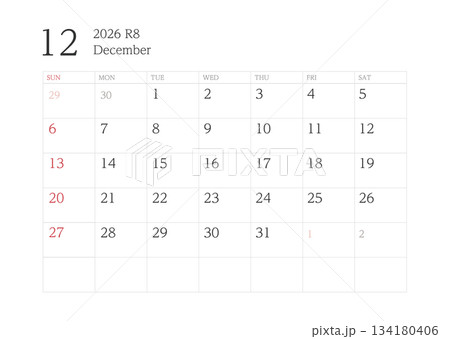 2026年12月カレンダー 罫線あり 134180406