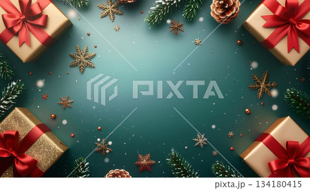 ギフトボックスと雪の結晶で飾られたクリスマスセールバナーのイラスト 134180415