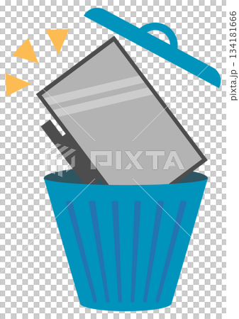 插圖描繪了將電視機放入垃圾桶的過程，表示丟棄或處置。 134181666
