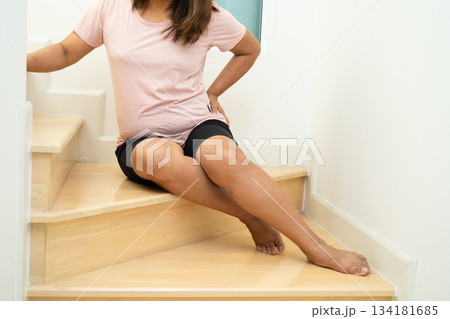 Asian lady woman patient fall down the stairs because slippery surfaces. 134181685