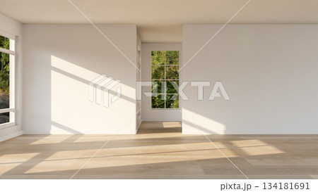 Empty mockup room with sunlight through glass window shining on white wall and wooden parquet floor. 134181691
