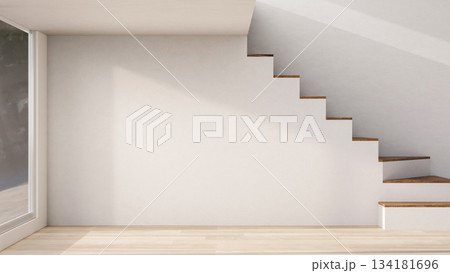 Empty mockup room with stairs and sunlight through glass door on white wall and wooden parquet floor 134181696