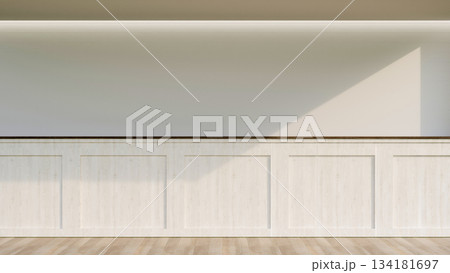Empty mockup room with ceiling lights and sunlight shining on white wall and wooden parquet floor. 134181697