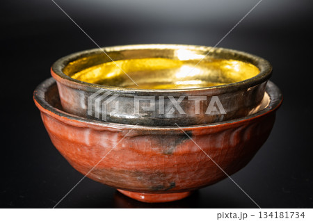 赤楽嶋台茶碗 金銀一双2|川崎和楽 作・華やかな楽焼の対茶碗 赤楽嶋台茶碗 金銀一双2|川崎和楽 作・華やかな楽焼の対茶碗 134181734