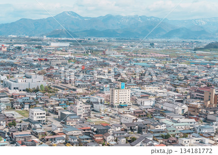 Tendo city with Sakura Cherry Blossom and snow mountain in Spring season, view from Tendo Park or Maizuru Park. Yamagata prefecture, Tohoku, Japan, 21 April 2025 134181772