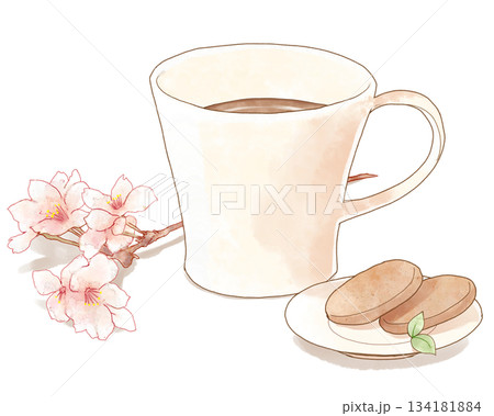 桜とカップの春カフェイラスト 134181884